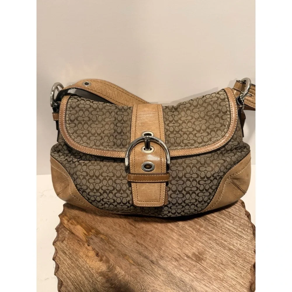 Coach Soho Flap Shoulder Bag Womens Small Brown Tan Mini Signature Canvas Buckle